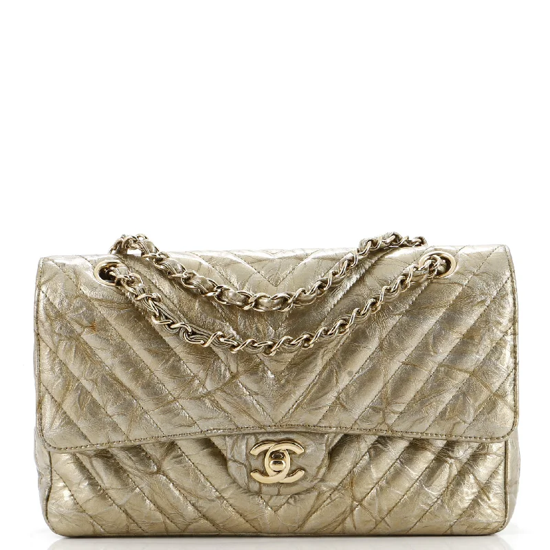 Classic Double Flap Bag Chevron Crumpled Metallic Patent Medium