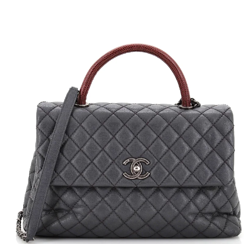 Coco Top Handle Bag Quilted Caviar with Lizard Medium