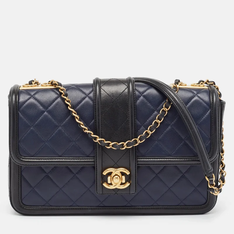 Chanel Navy Blue/black Quilted Leather Elegant Cc Shoulder Bag