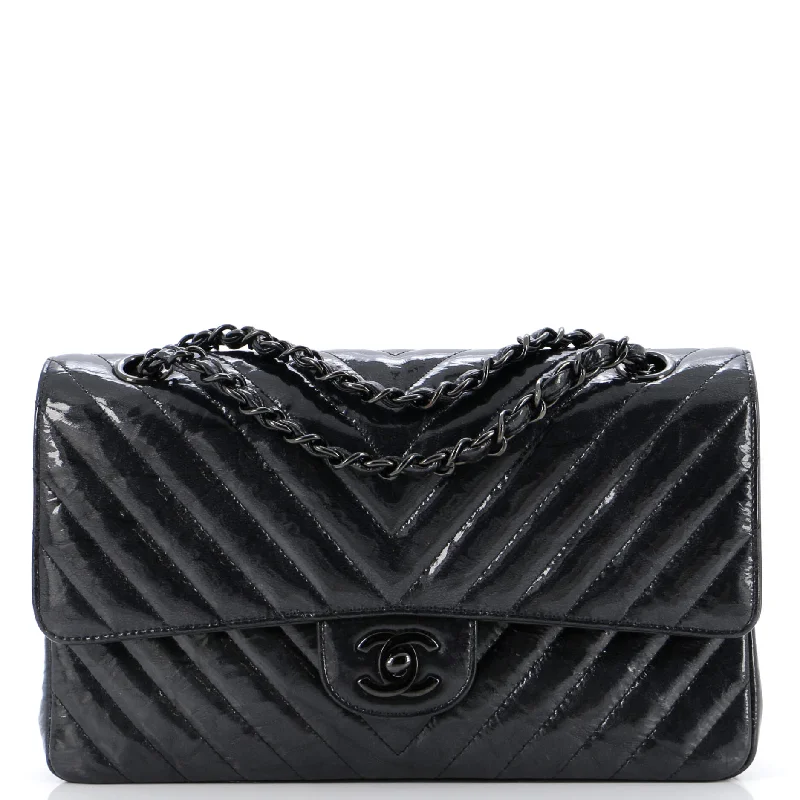 So Black Classic Double Flap Bag Chevron Crinkled Patent Medium