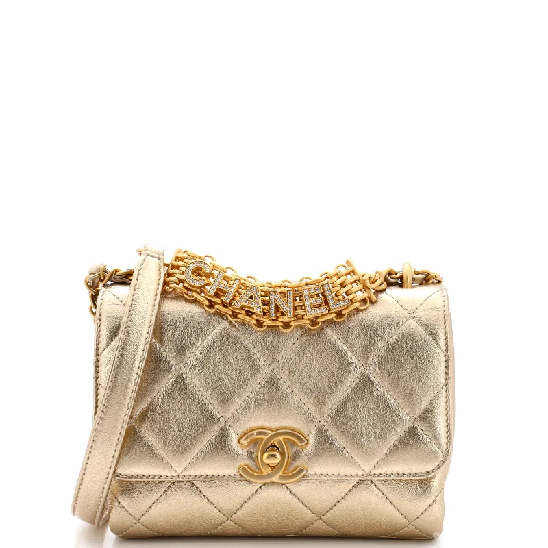 Crystal Logo Letters Chain Handle Flap Bag Quilted Lambskin Mini