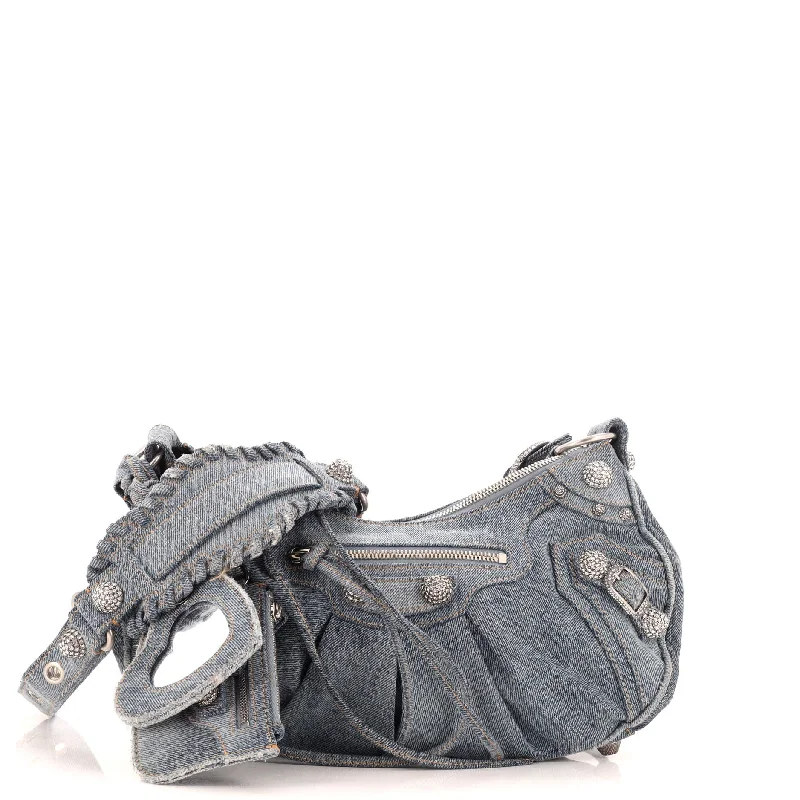 Le Cagole Giant Studs Shoulder Bag Denim with Crystals Small