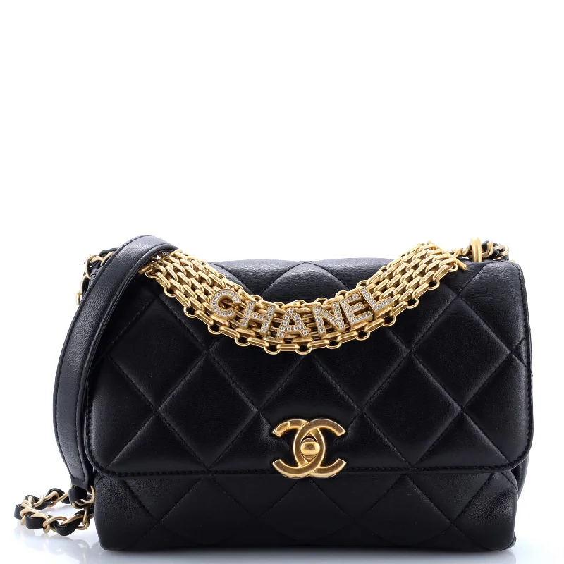 Crystal Logo Letters Chain Handle Flap Bag Quilted Lambskin Small