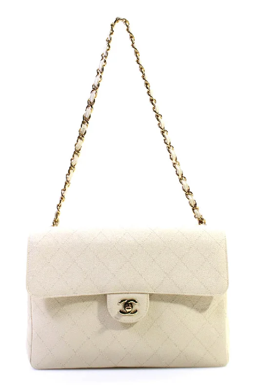 Chanel Womens CC Turnlock Caviar Leather Vintage Single Flap Bag Handbag White