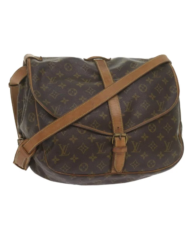 Monogram Canvas Shoulder Bag with Adjustable Strap and Multiple Compartments