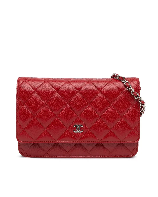 Classic Quilted Leather Wallet on Chain with Silver-Tone Chain Strap