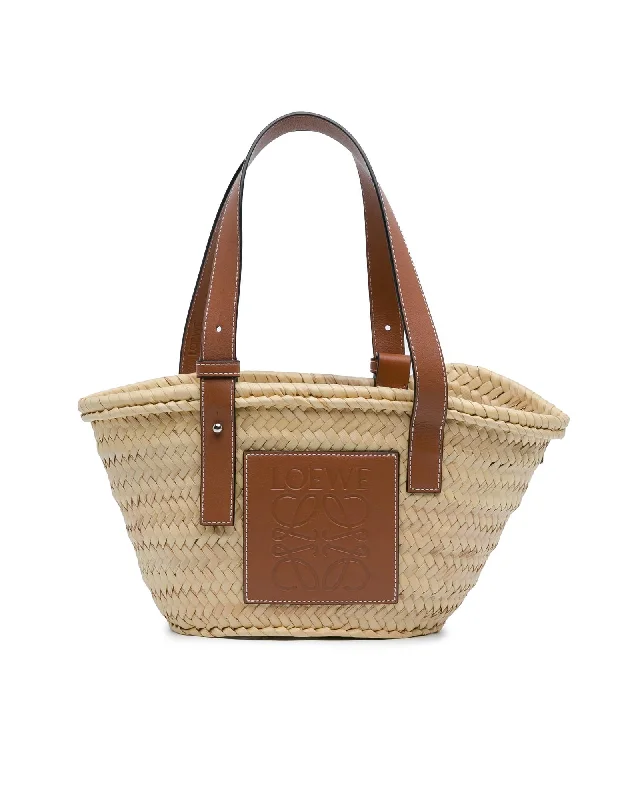 Small Raffia Basket Tote with Leather Handles