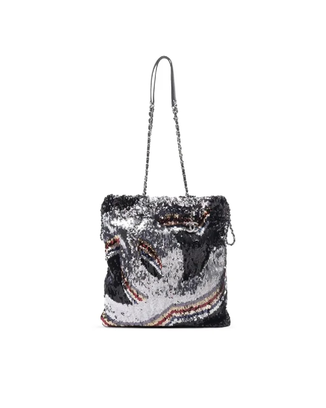 Sequin Detail Leather Drawstring Tote with Chain Straps