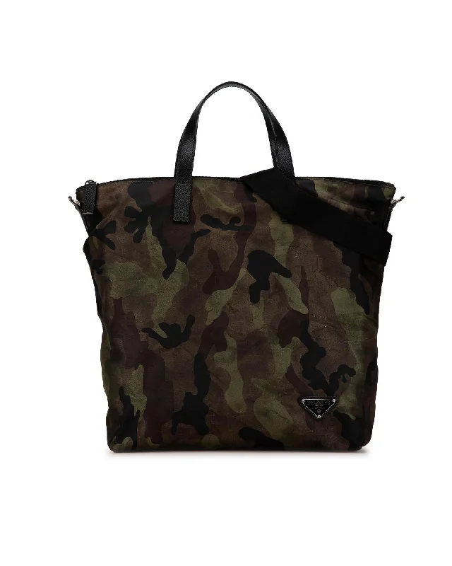 Camouflage Printed Nylon Satchel with Leather Trim and Detachable Strap