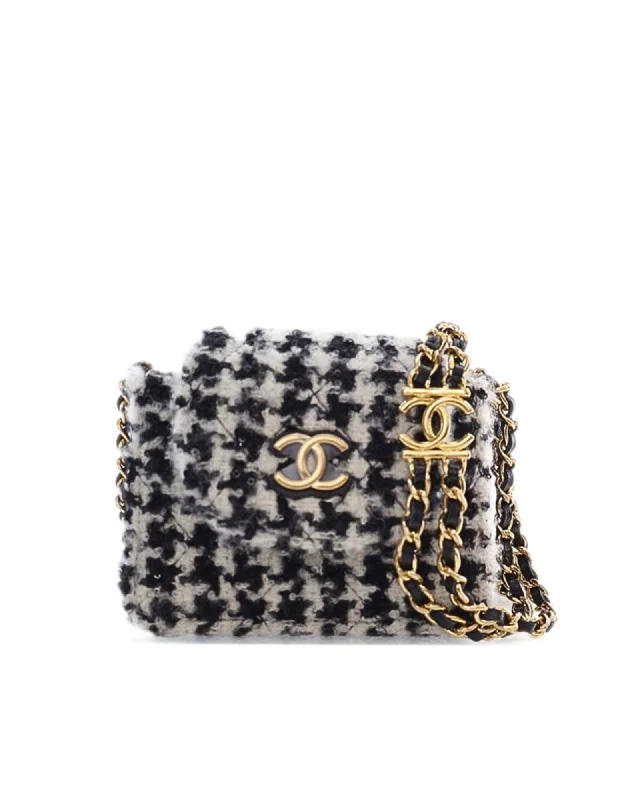 Mini Tweed Houndstooth Accordion Flap Bag with Leather Woven Chain Straps