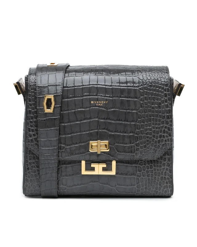 Medium Croc Embossed Leather Eden Crossbody Bag with Adjustable Strap and Turn Lock Closure