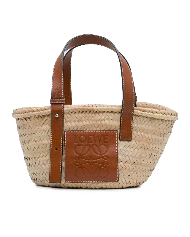 Small Raffia Basket Tote with Leather Handles