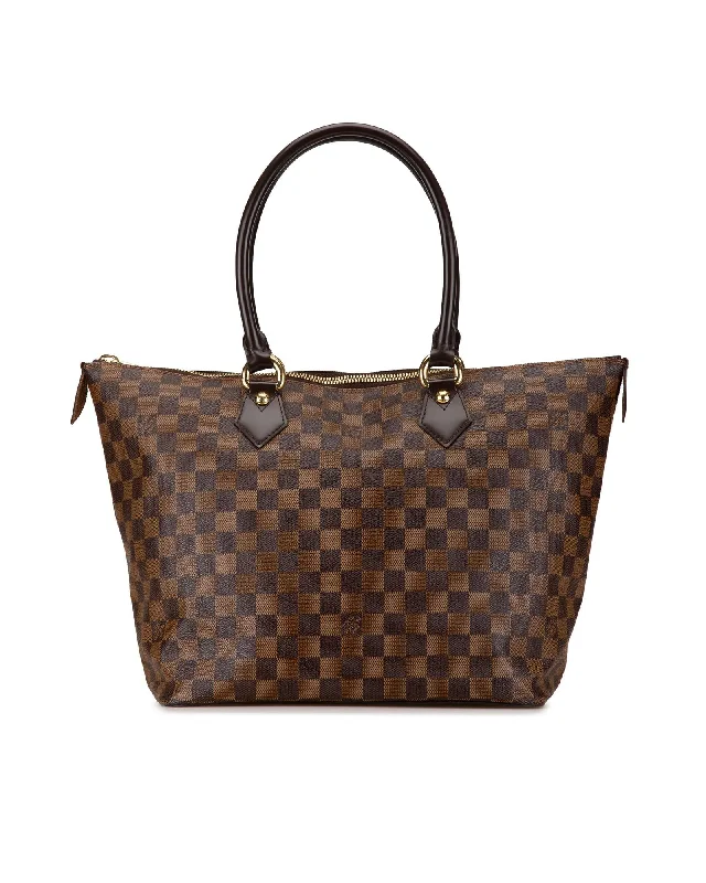 Damier Ebene Canvas Tote with Rolled Leather Straps and Top Zip Closure