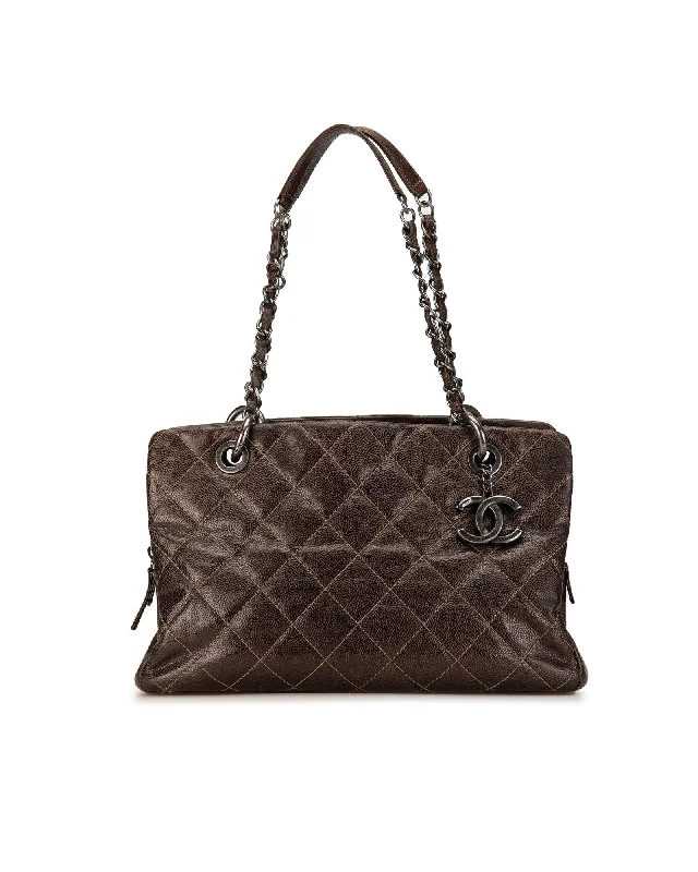 Small Quilted Caviar Leather Tote with Chain Link Straps