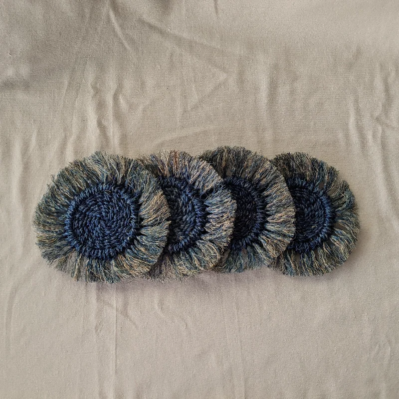 Sustainable Handwoven Abaca Fringed Coaster (Set of 4) - Cobalt Blue