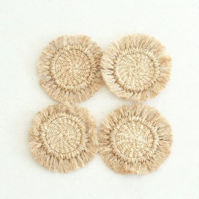 Sustainable Handwoven Abaca Fringed Coaster (Set of 4) - Beige