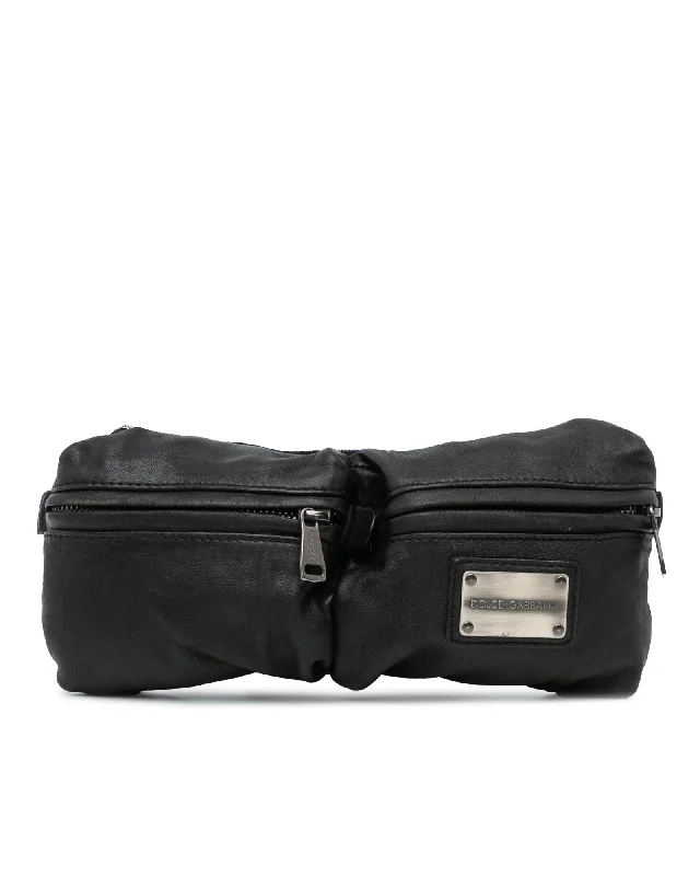 Leather Belt Bag with Double Pockets and Adjustable Strap