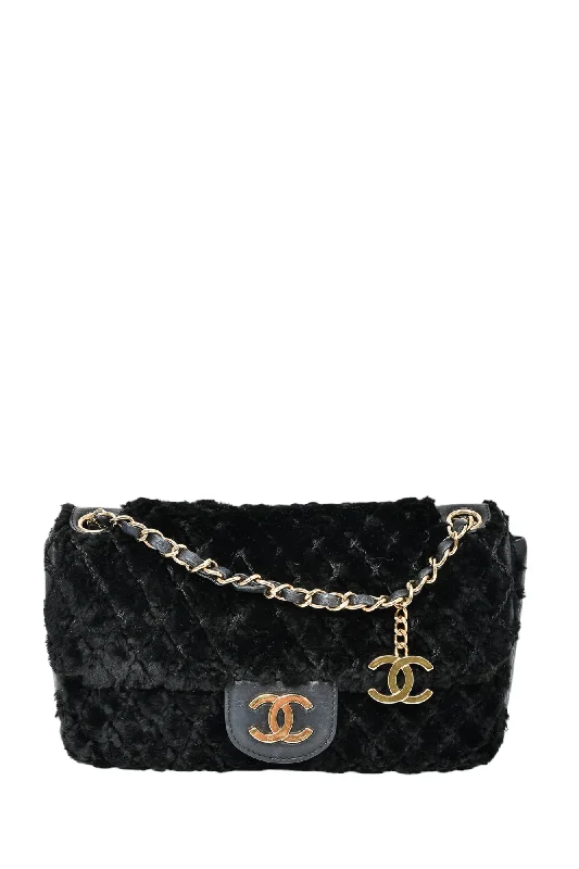 Chanel 2008/09 Black Rabbit Fur/Calfskin Leather Flap Bag