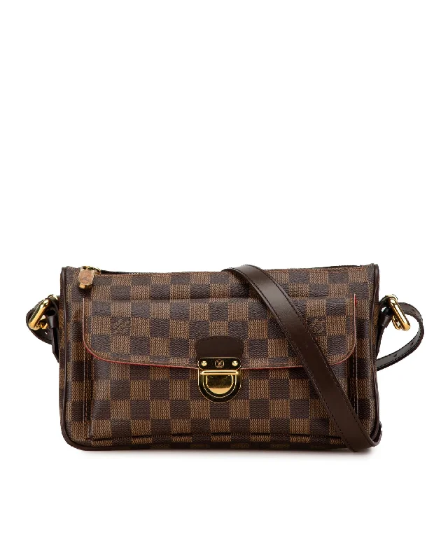 Damier Ebene Canvas Shoulder Bag with Leather Trim and Front Flap Pocket