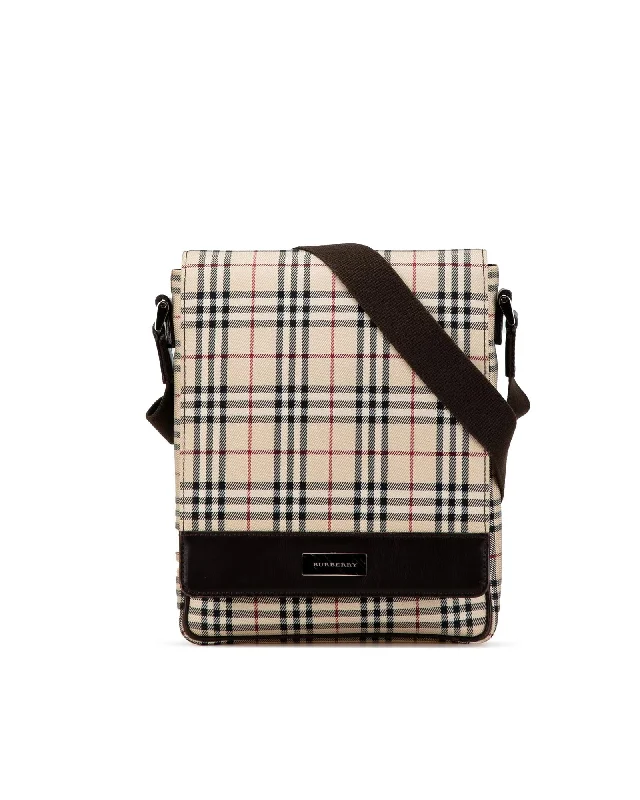 House Check Canvas Crossbody Bag with Leather Trim and Adjustable Strap