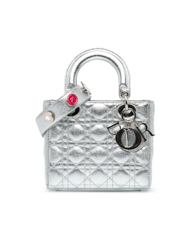 Small Metallic Grained Calfskin Cannage Lady Dior Handbag with Detachable Strap