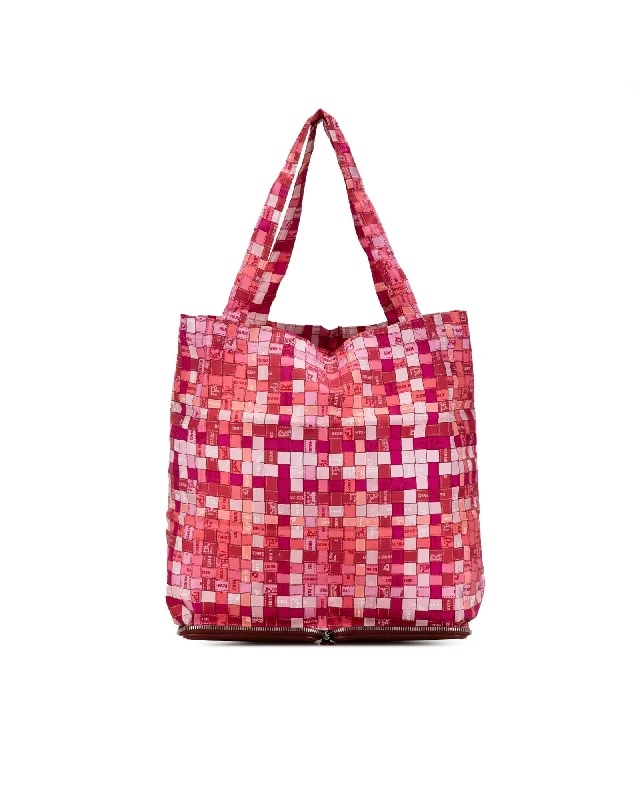 Buffle Leather and Silk Printed Foldable Tote with Zip Closure