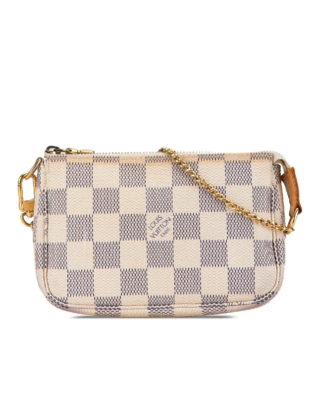 Damier Azur Mini Pochette with Detachable Chain and Zip Closure