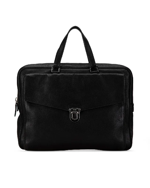 Leather Business Bag with Exterior Flap Pocket and Top Zip Closure