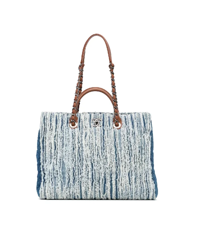 Large Fringed Denim Shopping Tote with Leather Handles and Chain Straps