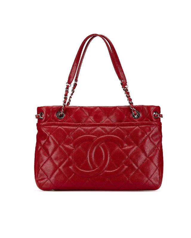 Quilted Leather Soft Shopper Tote with Chain Straps and Multiple Pockets