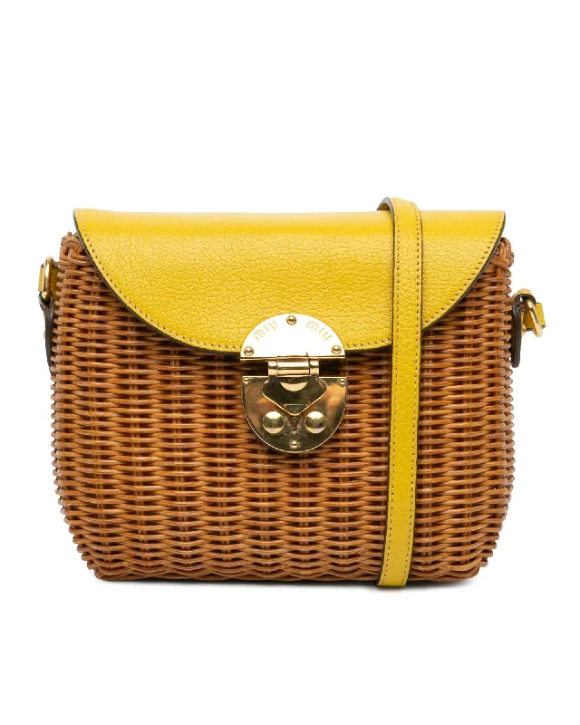 Wicker Crossbody Bag with Leather Strap and Metal Push Lock Closure