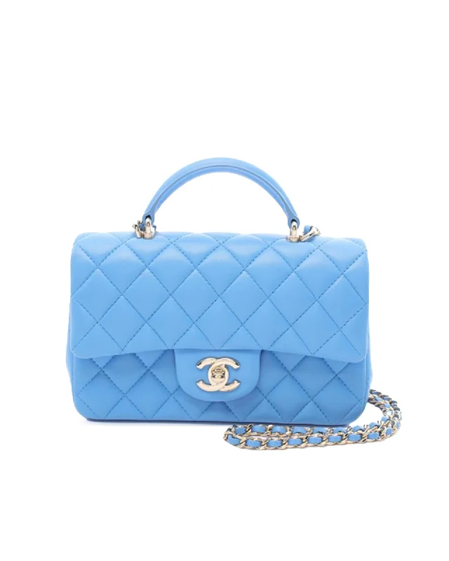 Quilted Lambskin Top Handle Flap Satchel with Chain Strap