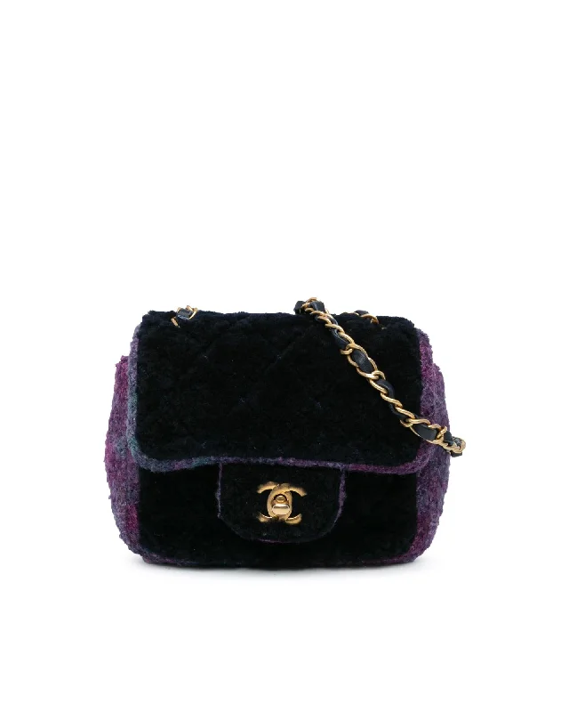 Mini Square Classic Shearling Flap Bag with Tweed Trim