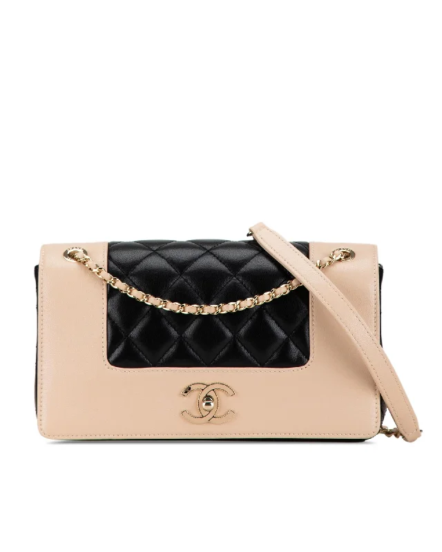 Small Bicolor Quilted Lambskin Double Flap Bag with Chain Strap