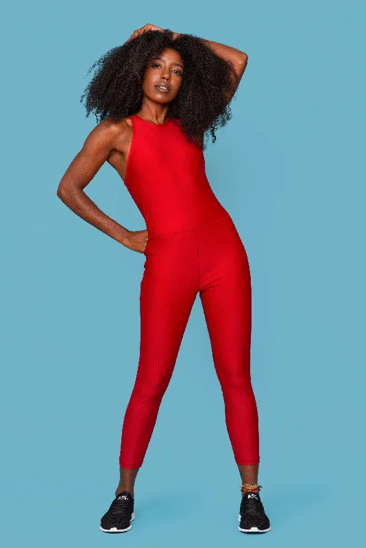 Women's Pause It Bodysuit in Burning Embers Red made with Recycled Moisture Wick Fabric