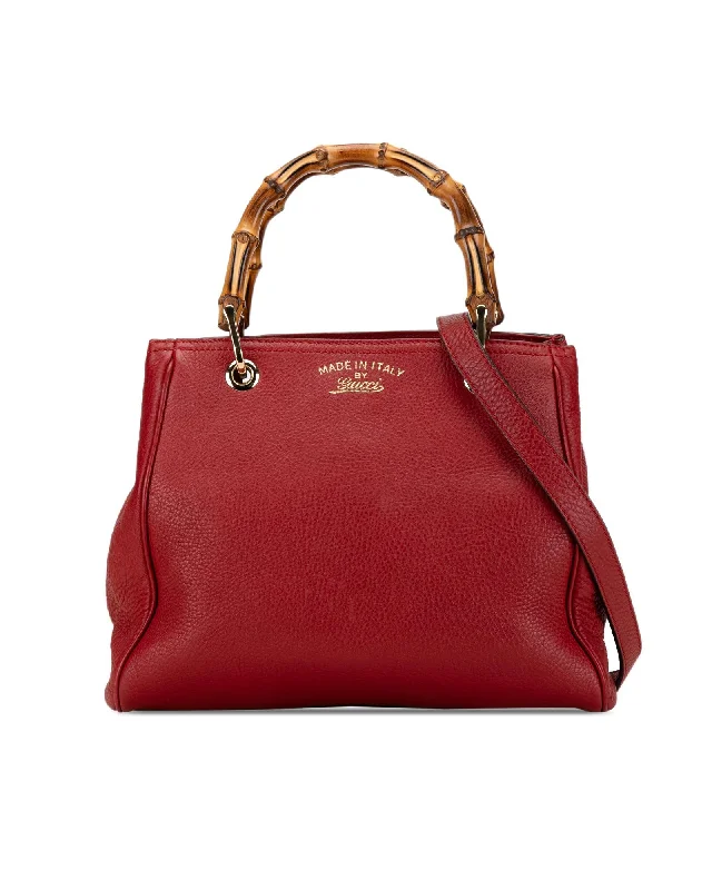 Small Calfskin Shopper Satchel with Bamboo Handles and Detachable Strap