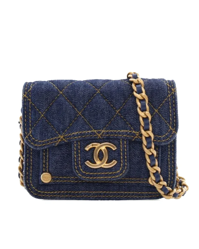 Quilted Denim Card Holder with Chain Strap