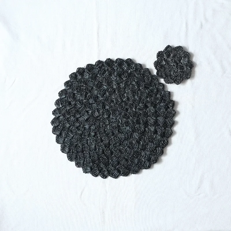 Sustainable Hand Crocheted Raffia Scalloped Placemat and Coaster Set - Black