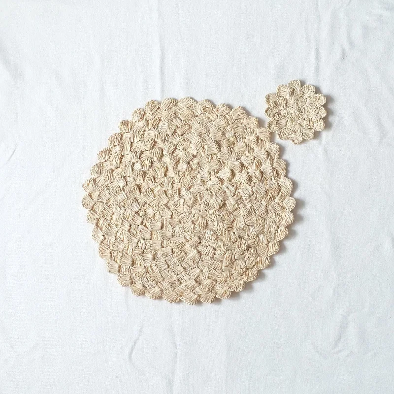 Sustainable Hand Crocheted Raffia Scalloped Placemat and Coaster Set - Natural