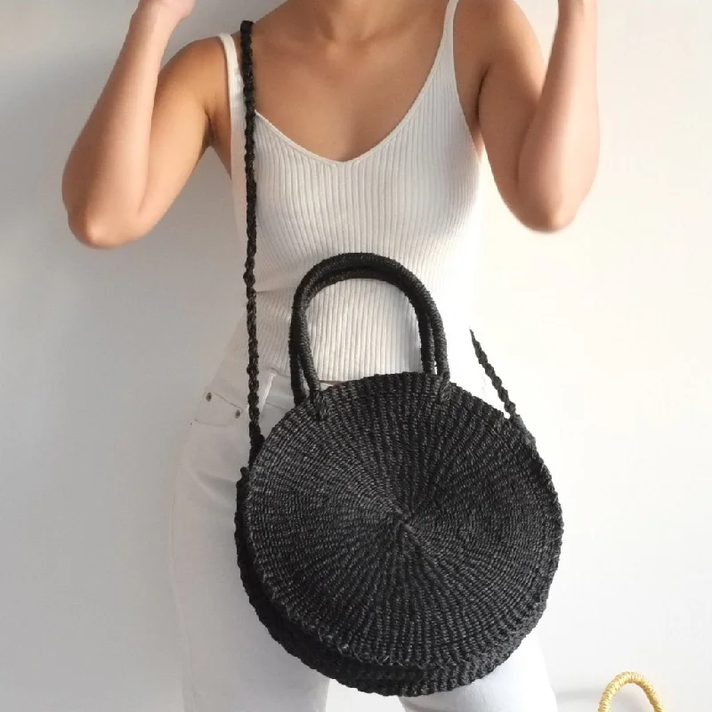 Sola Sustainable Handwoven Abaca Midi Bag - Black