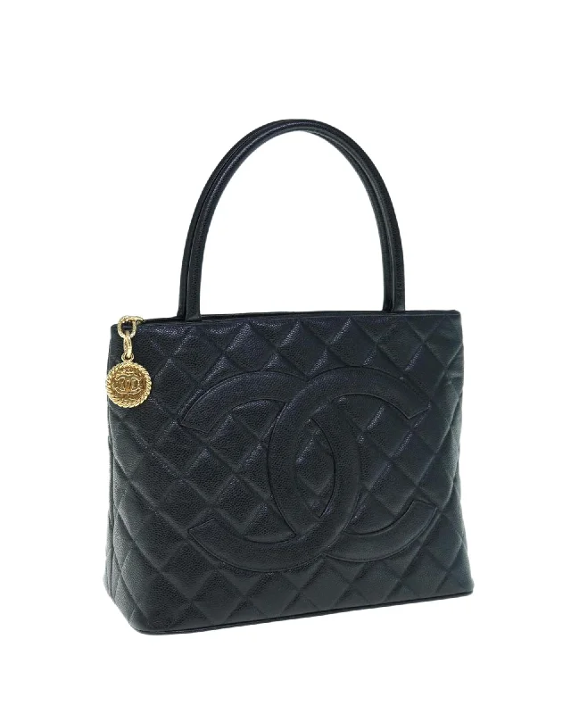 Black Caviar Skin Tote Bag with CC Logo