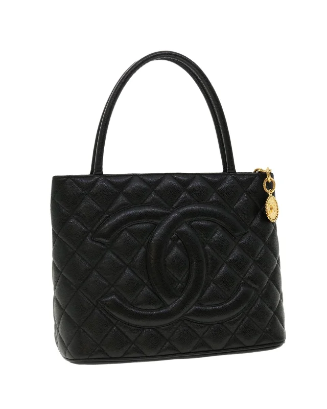 Black Caviar Skin Tote Bag with CC Emblem by Luxury Designer