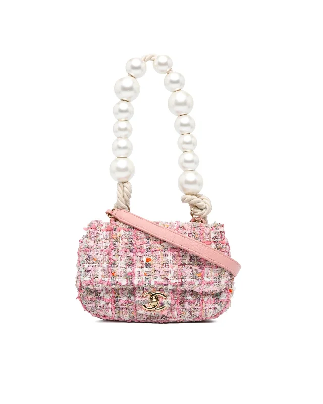 Mini Tweed Flap Bag with Pearl Handle and Chain Strap