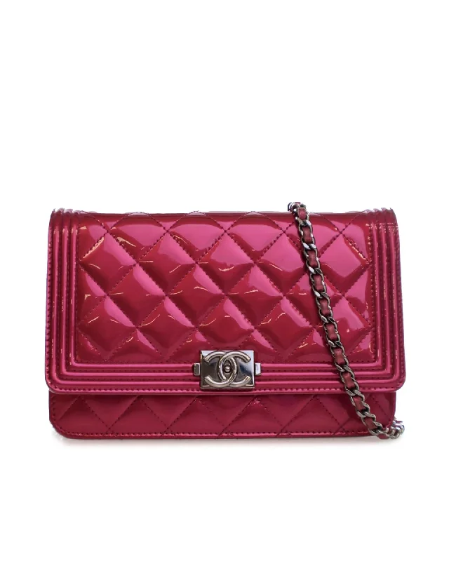 Quilted Patent Leather Crossbody Wallet on Chain