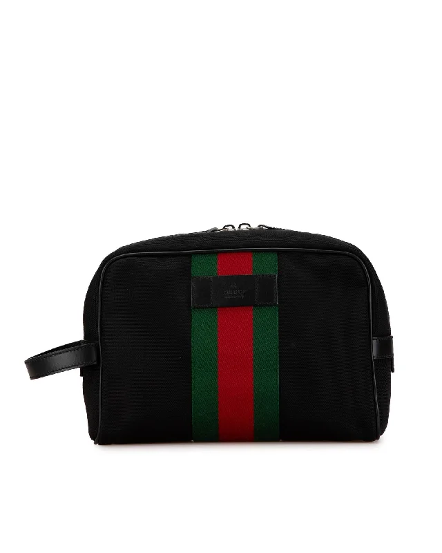 Techno Web Canvas Clutch with Leather Trim and Top Zip Closure