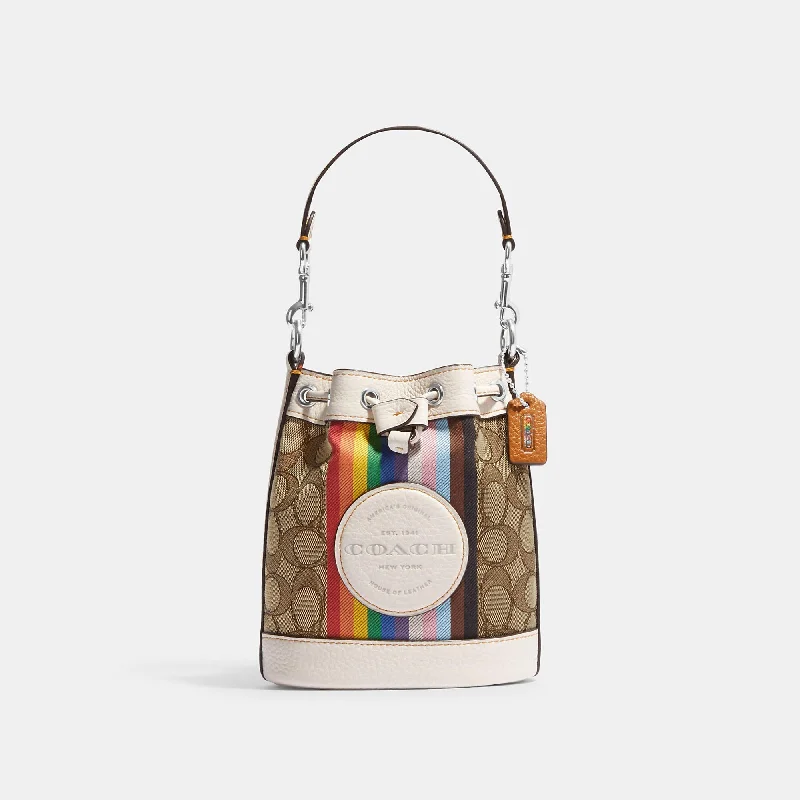 Coach Outlet Mini Dempsey Bucket Bag In Signature Jacquard With Rainbow Stripe And Coach Patch