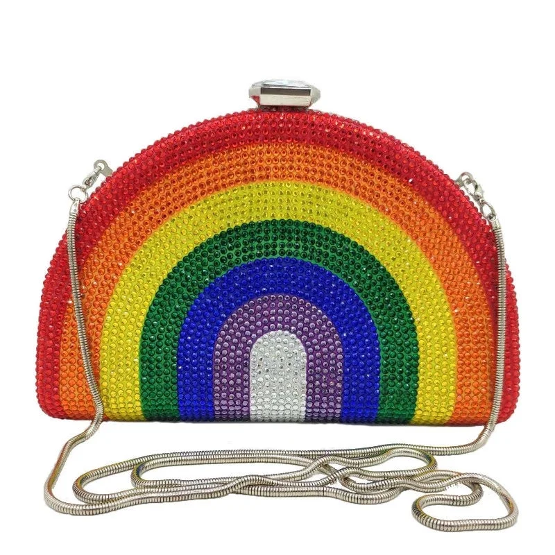 Luxy Moon Rhinestone Clutch Rainbow Half Moon Purse