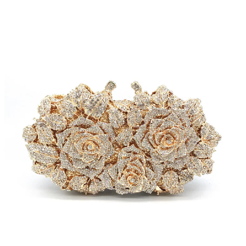 Luxy Moon Three Roses Luxury Flower Rhinestone Clutch Bag