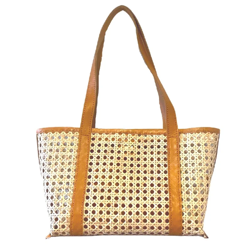 AMELIA CANE & LEATHER TOTE IN CAMEL: MINI