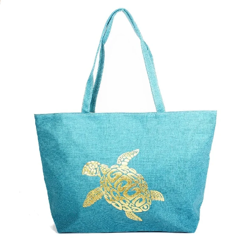 B769 Gold Foil Turtle Printed Large Beach Tote Bag